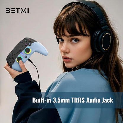 LED Wireless Gaming Controller for PS5 Pro Slim and PC, Hall Effect Joysticks and Triggers, RGB Lighting with 4 Modes, Macro Support, 6-Axis Motion Control, Dual Vibration, 3.5mm Audio Jack, Black and Blue