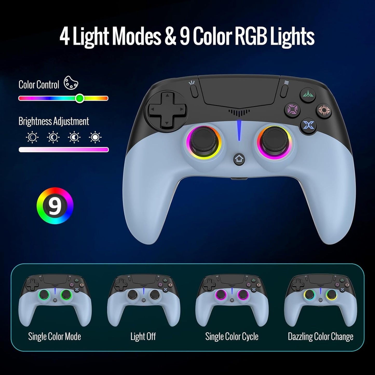 LED Wireless Gaming Controller for PS5 Pro Slim and PC, Hall Effect Joysticks and Triggers, RGB Lighting with 4 Modes, Macro Support, 6-Axis Motion Control, Dual Vibration, 3.5mm Audio Jack, Black and Blue
