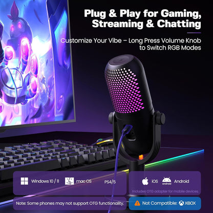 USB Microphone for PC Gaming: Condenser Microphone with RGB