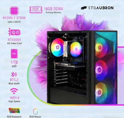 Gaming PC Desktop Computer, AMD Ryzen 7 5700X up to 4.6G, Geforce RTX 3050 6G, 16GB DDR4, 1TB SSD, Wifi 6 & BT 5.2, RGB Fan X4, Windows 11 Home