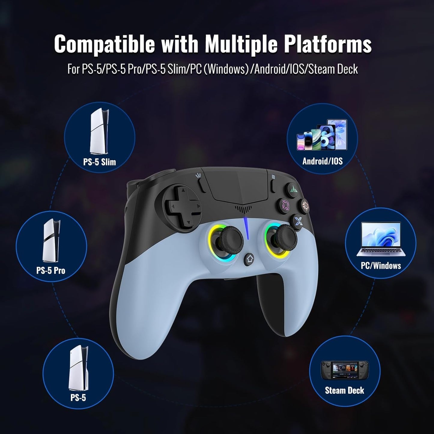 LED Wireless Gaming Controller for PS5 Pro Slim and PC, Hall Effect Joysticks and Triggers, RGB Lighting with 4 Modes, Macro Support, 6-Axis Motion Control, Dual Vibration, 3.5mm Audio Jack, Black and Blue